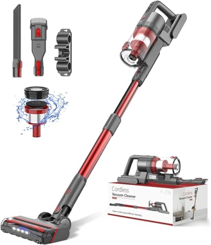 Ljuren Cordless Vacuum Cleaner, 85,000PRM Upgraded Dual Suction Cordless Stick Vacuum up to 35mins Runtime, Lightweight Rechargeable Vacuum for Home (Hibiscus Red)